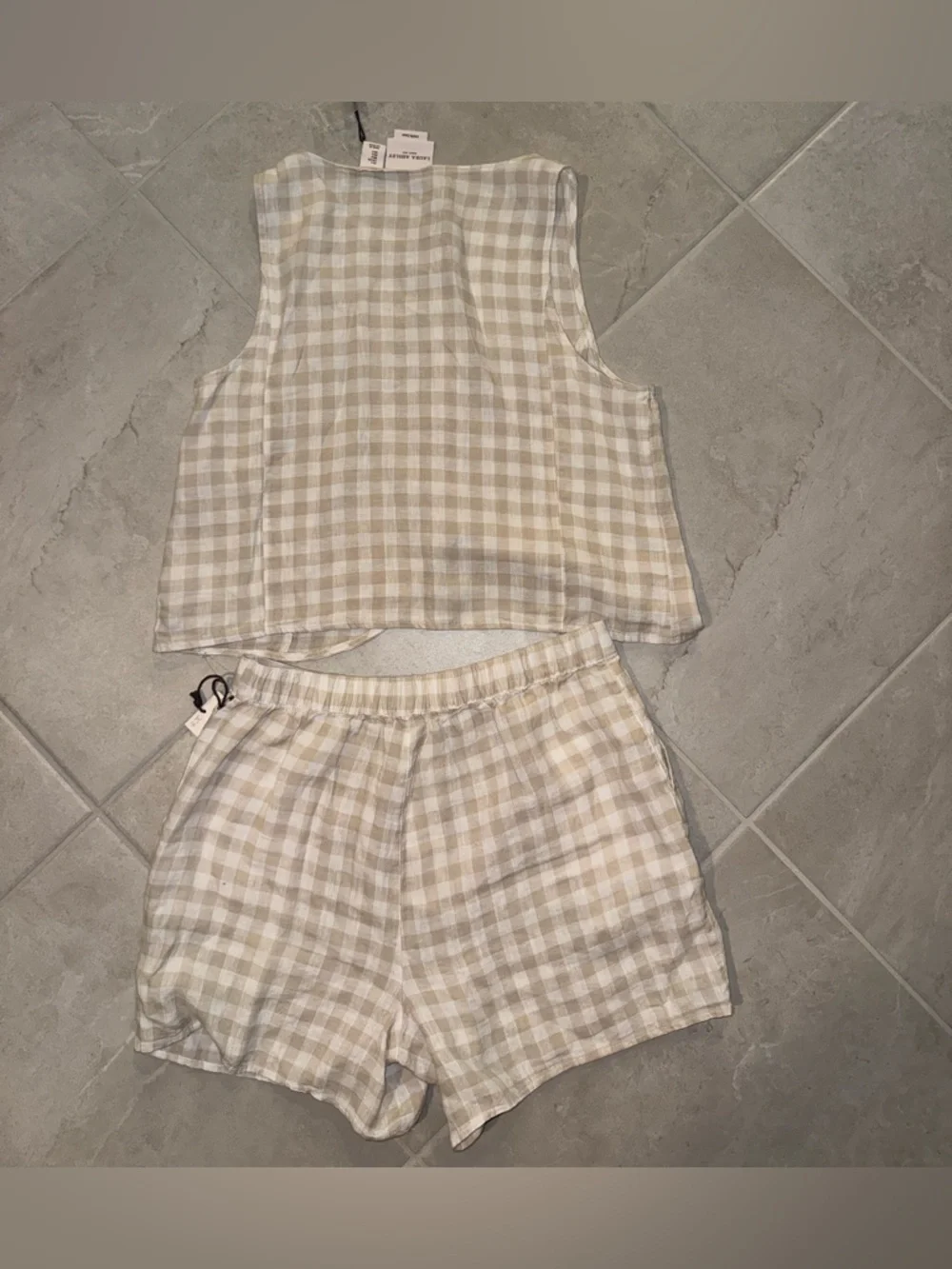 Laura Ashley Beige and White Gingham Tank Top and Shorts Set - Picture 2 of 7